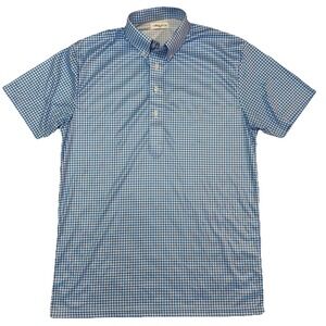 Collars & Co Men's Small Check Collared Short Sleeve 1/4 Button Polo Blue White